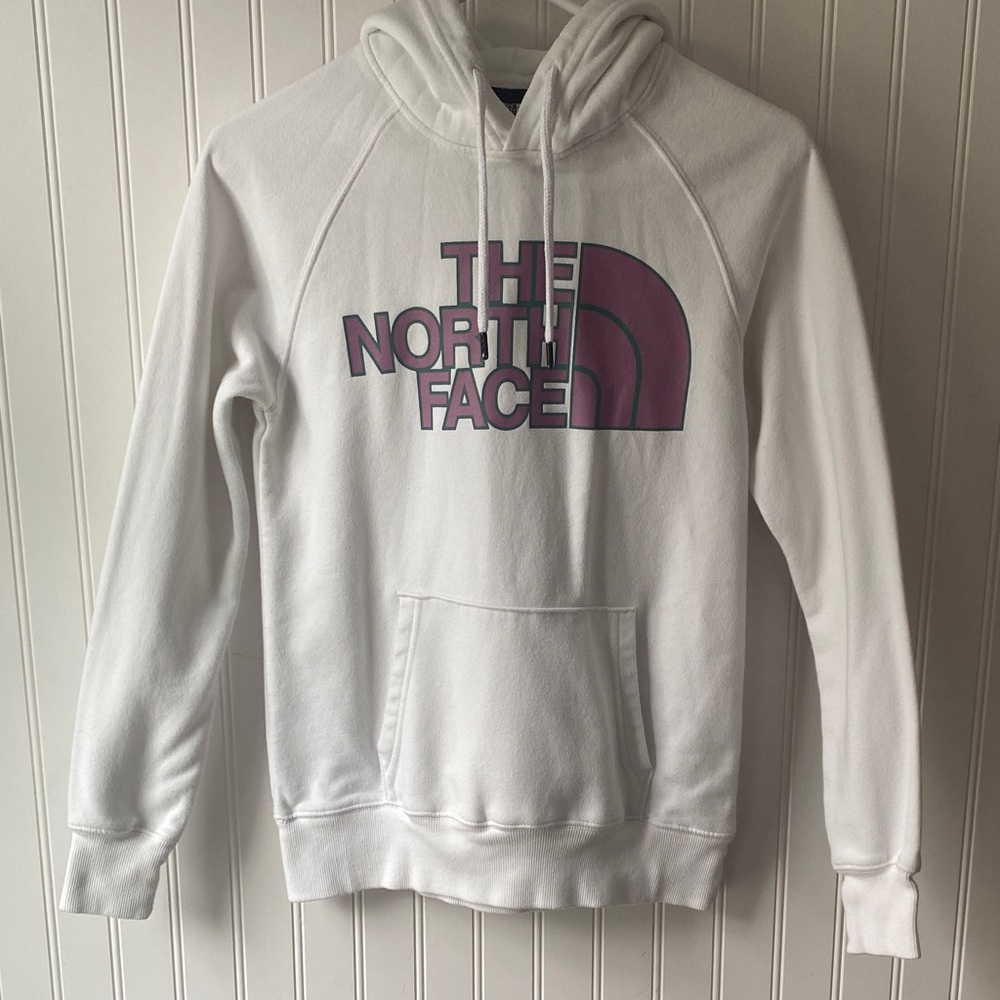 The North Face White Hoodie with Pink Logo